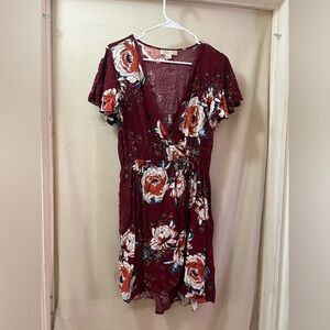 ⚪️ Band of Gypsies Elegant Burgundy Floral Wrap Mini Dress Size Large